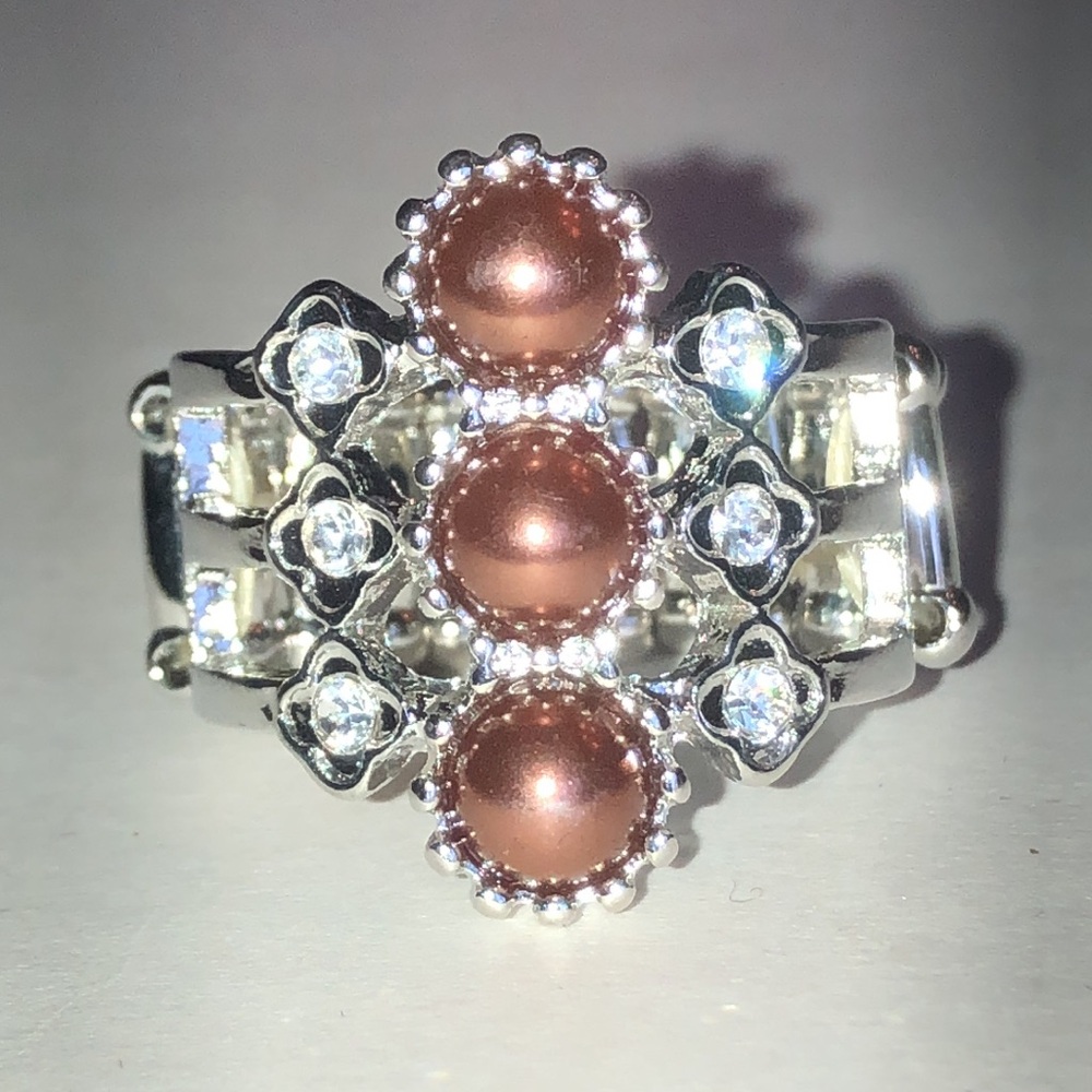 Elegant Three-Stone Faux Pearl and Crystal Statement Ring - Silver Tone